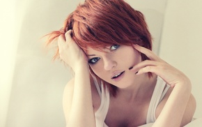 redhead, girl, Vladlena Venskaya, blue eyes, painted nails, tank top
