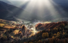 valley, landscape, nature, forest, mountain, sun rays