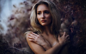 portrait, girl, model, blonde, holding boobs, face