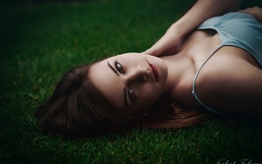 grass, brunette, portrait, face, girl, model