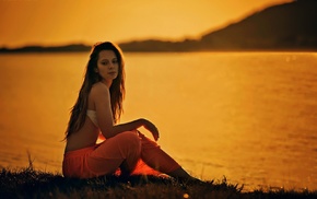 bra, sunset, model, sitting, lake, girl