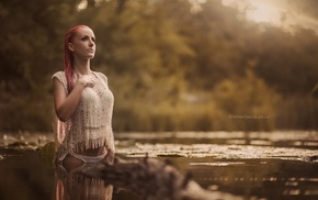 looking away, girl, wet body, redhead, river, model