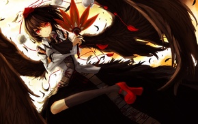 anime girls, red eyes, wings, feathers, Touhou, short hair