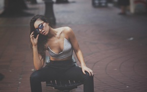 model, girl, jeans, girl with glasses, sitting