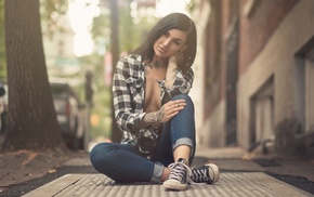 model, shoes, open shirt, sitting, girl, jeans