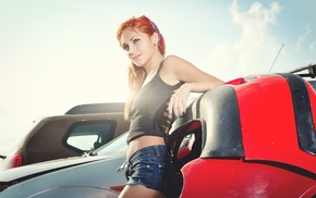 girl, model, jean shorts, car, redhead
