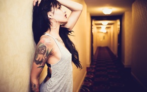 hallway, piercing, pierced nose, hands in hair, tattoo, hands on head