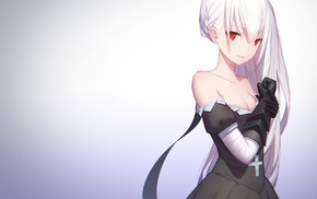 white hair, gauntlets, anime girls, cleavage, red eyes, anime