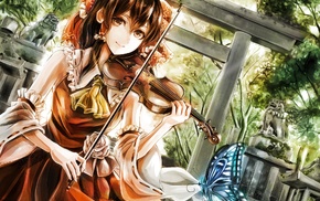 Touhou, miko, violin, Hakurei Reimu, anime girls, butterfly
