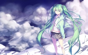Hatsune Miku, tie, clouds, anime, long hair, skirt