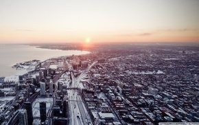 city, skyscraper, Toronto, long exposure, aerial view, sunset