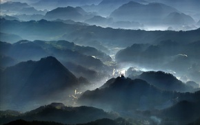 mist, sunrise, blue, sun rays, landscape, aerial view