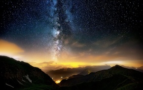 mist, landscape, long exposure, lights, mountain, Milky Way