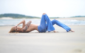 on the floor, sand, tattoo, model, topless, girl