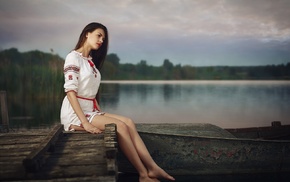 sitting, looking away, girl, model, river