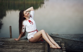 girl, sitting, model, river, smiling, closed eyes