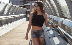 girl, bridge, jean shorts, model