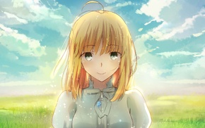 depth of field, Fate Series, clouds, ribbon, gray eyes, Saber