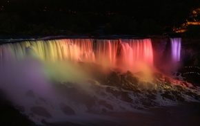 waterfall, water, Niagara Falls, rainbows, night