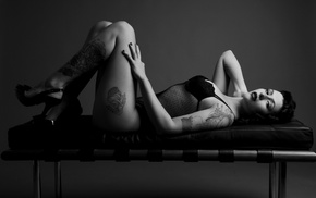 lying down, tattoo, monochrome, girl, lingerie