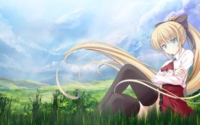 grass, anime girls, blonde, ponytail, sky