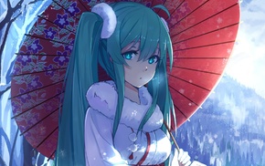 twintails, kimono, long hair, Vocaloid, forest, teal hair