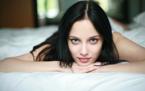 model, brunette, girl, blue eyes, in bed