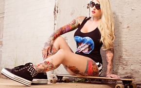 glasses, model, tattoo, longboards, girl