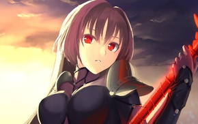 clouds, red eyes, long hair, Type, Moon, gloves