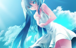 Hatsune Miku, sky, Vocaloid, clouds, white dress