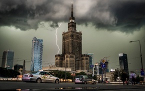 Poland, lightning, car, clouds, Warsaw, city