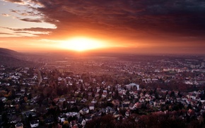 sunset, house, city