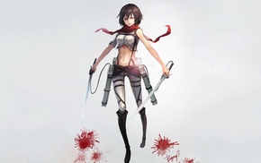 weapon, anime girls, gray background, Shingeki no Kyojin, Mikasa Ackerman