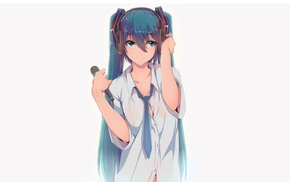 shirt, anime girls, blue eyes, blushing, headphones, simple background