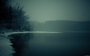 snow, lake, water, trees