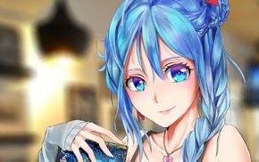 looking at viewer, Phoena Chain Chronicle, closeup, braids, bare shoulders, smiling