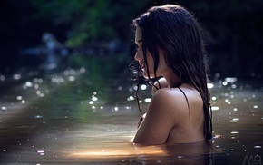 girl, wet body, wet hair, brunette, river, portrait