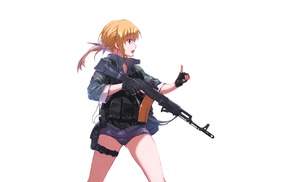 ponytail, white background, bulletproof vest, anime, gloves, machine gun