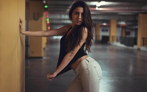 model, parking lot, jeans, girl, long hair, ass