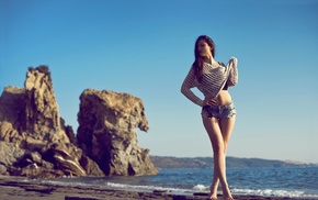 sand, jean shorts, girl, rock, sea, model