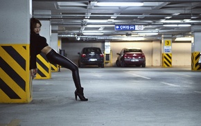 parking lot, model, high heels, Black clothes, girl