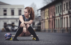 skateboard, model, black stockings, girl, sitting