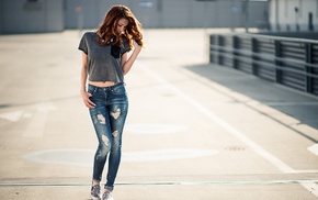 redhead, nose rings, girl, Victoria Ryzhevolosaya, torn jeans, jeans