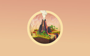 volcano, low poly, palm trees, eruption, digital art, simple background