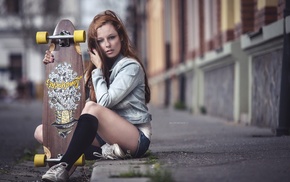 black stockings, sitting, model, jean shorts, skateboard, girl