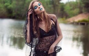 girl, girl outdoors, blue lipstick, model