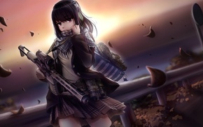 school uniform, machine gun, original characters, anime girls, skirt, weapon