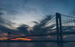 sunset, bridge, water