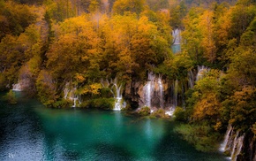 trees, lake, nature, forest, landscape, waterfall