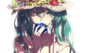 apples, long hair, twintails, Hatsune Miku, flowers, sun hats